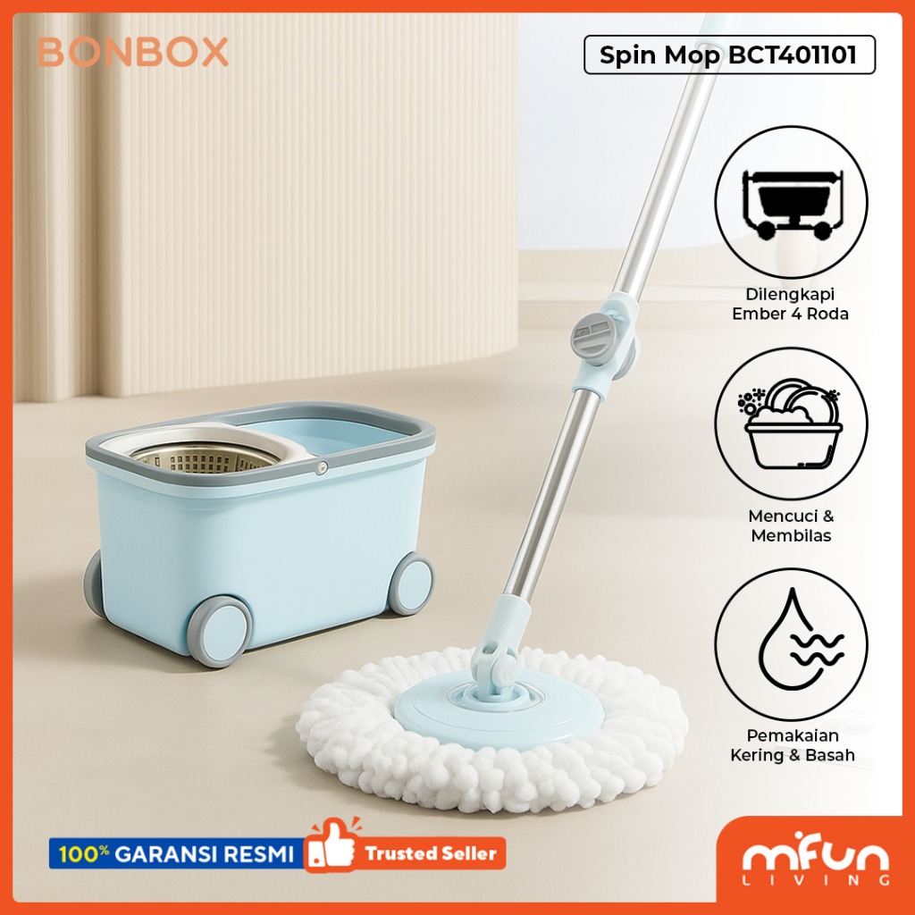 BONBOX Alat Pel Lantai 2 in 1 Kain Fiber dengan 4 Roda Ember Spin Mop BCT401101 - Gambar 2