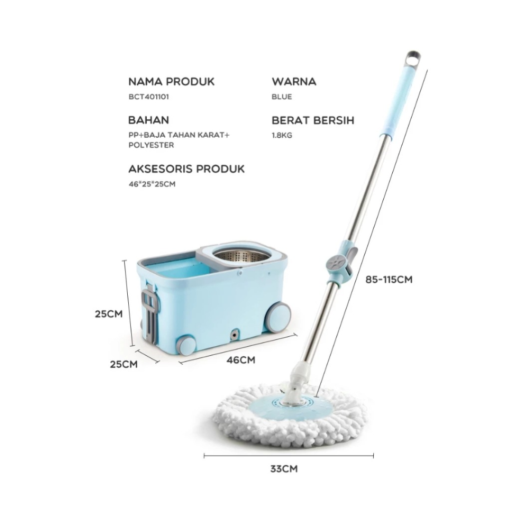 BONBOX Alat Pel Lantai 2 in 1 Kain Fiber dengan 4 Roda Ember Spin Mop BCT401101 - Gambar 3